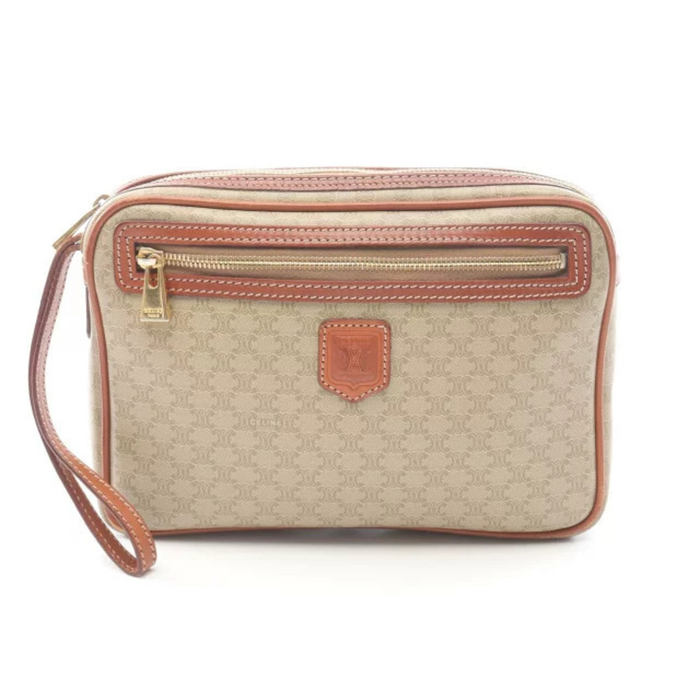 Celine Macadam Shoulder Bag Canvas Leather Beige Cream Brown